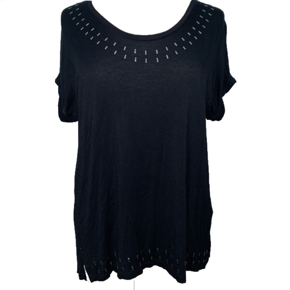Black stretchy tee w/embellished neck and hemline